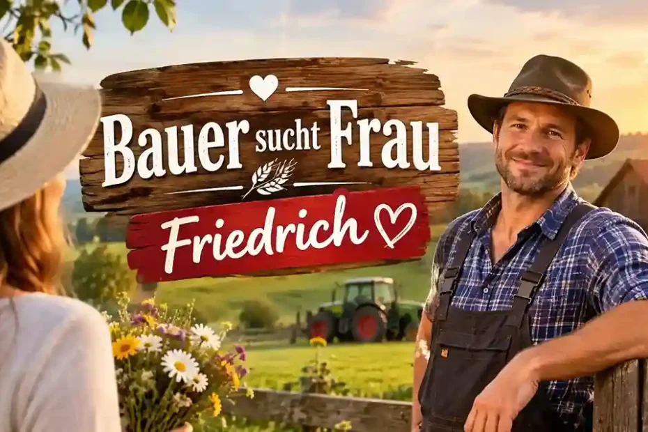 Bauer sucht Frau Friedrich Bauer sucht Frau Friedrich – smiling German farmer in hat and overalls leaning on wooden fence at sunset, woman with straw hat and wildflower bouquet in countryside with tractor and farmhouse