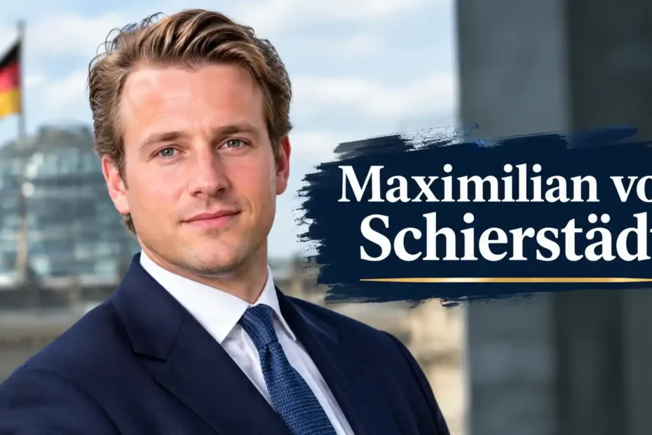 Maximilian von Schierstädt – German IT entrepreneur, founder of familynet GmbH, and husband of Barbara Schöneberger in formal portrait with German flag and Berlin skyline