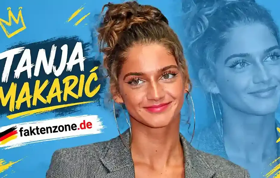 Tanja Makarić lächelt mit Hochsteckfrisur, großen Creolen und grauem Blazer vor blauem Hintergrund mit ihrem Namen und Krone – Influencerin und ehemalige Schwimmerin