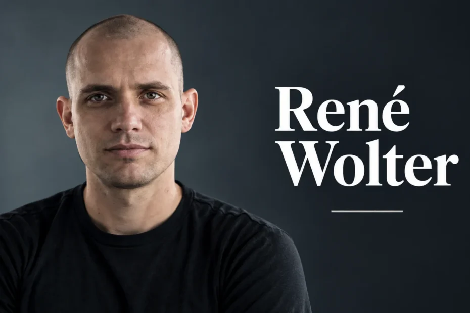 René Wolter Porträt mit rasiertem Kopf und schwarzem T-Shirt vor dunklem Hintergrund, ernsthafter Blick